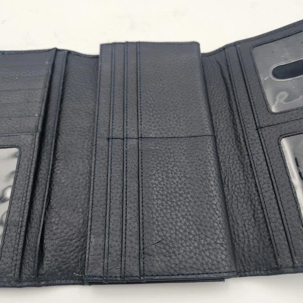 Estalon Pebbled‎ Leather RFID Long Wallet Trifold Snap Closure - Navy Blue